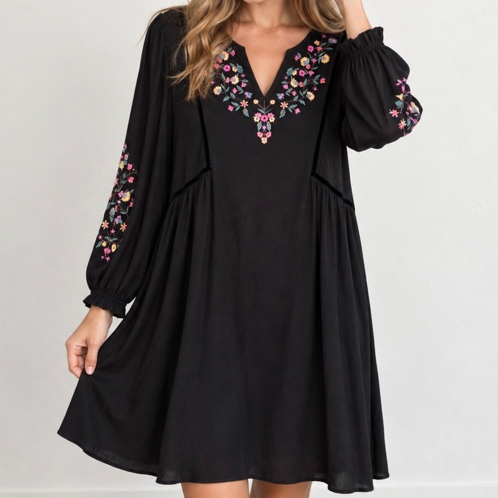 Seraphine Black Floral Embroidered Maternity Smock Dress V-Neck Sleeve Size 14